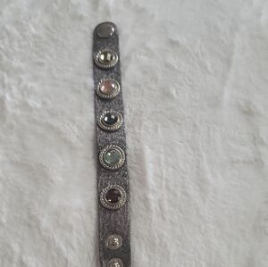 Gray Bracelet with Multi-Color Gemstones, Leather Adjustable Snap Strap
